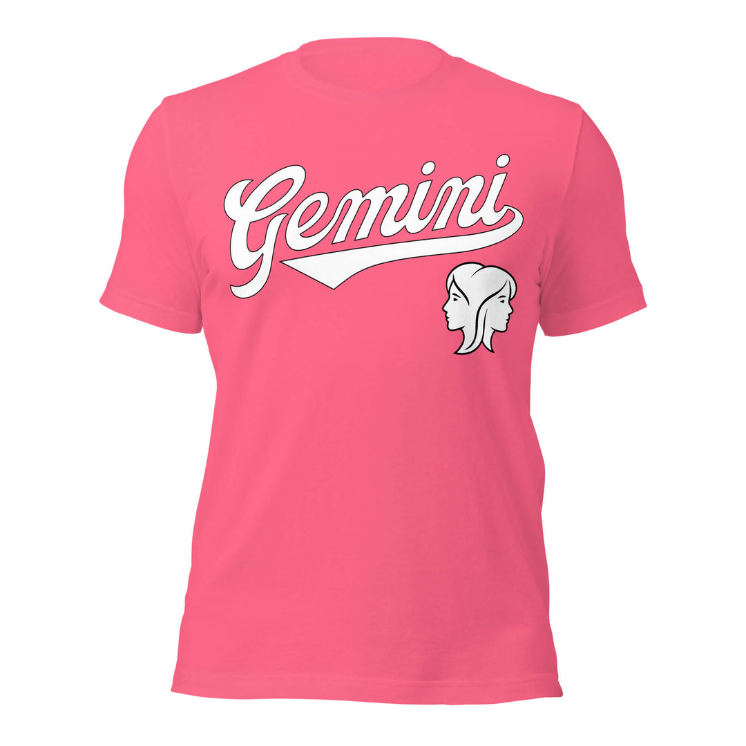 Pink t-shirt with 'Gemini' text and zodiac symbol on a white background. Pink Shirt / White Ink variant.