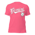 Gemini zodiac sports graphic t-shirt, pink with white ink, unisex athletic astrology apparel, front flat lay