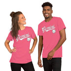 A man and a woman modeling matching pink short-sleeve t-shirts with a white 'Gemini' script and a zodiac graphic on the chest, set against a plain white background.