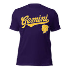 Gemini zodiac sports graphic t-shirt, purple with gold ink, unisex athletic astrology apparel, front flat lay