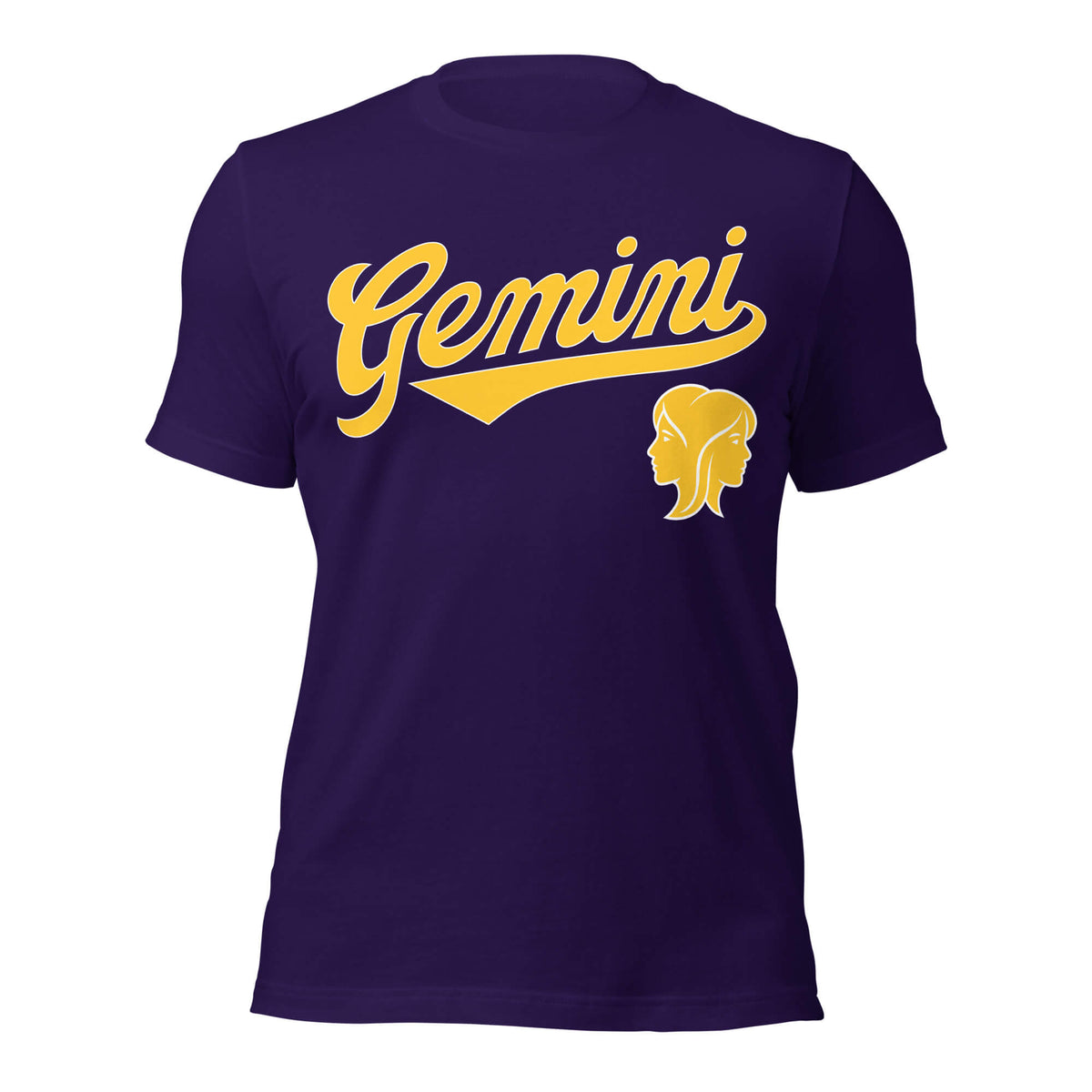 Gemini zodiac sports graphic t-shirt, purple with gold ink, unisex athletic astrology apparel, front flat lay