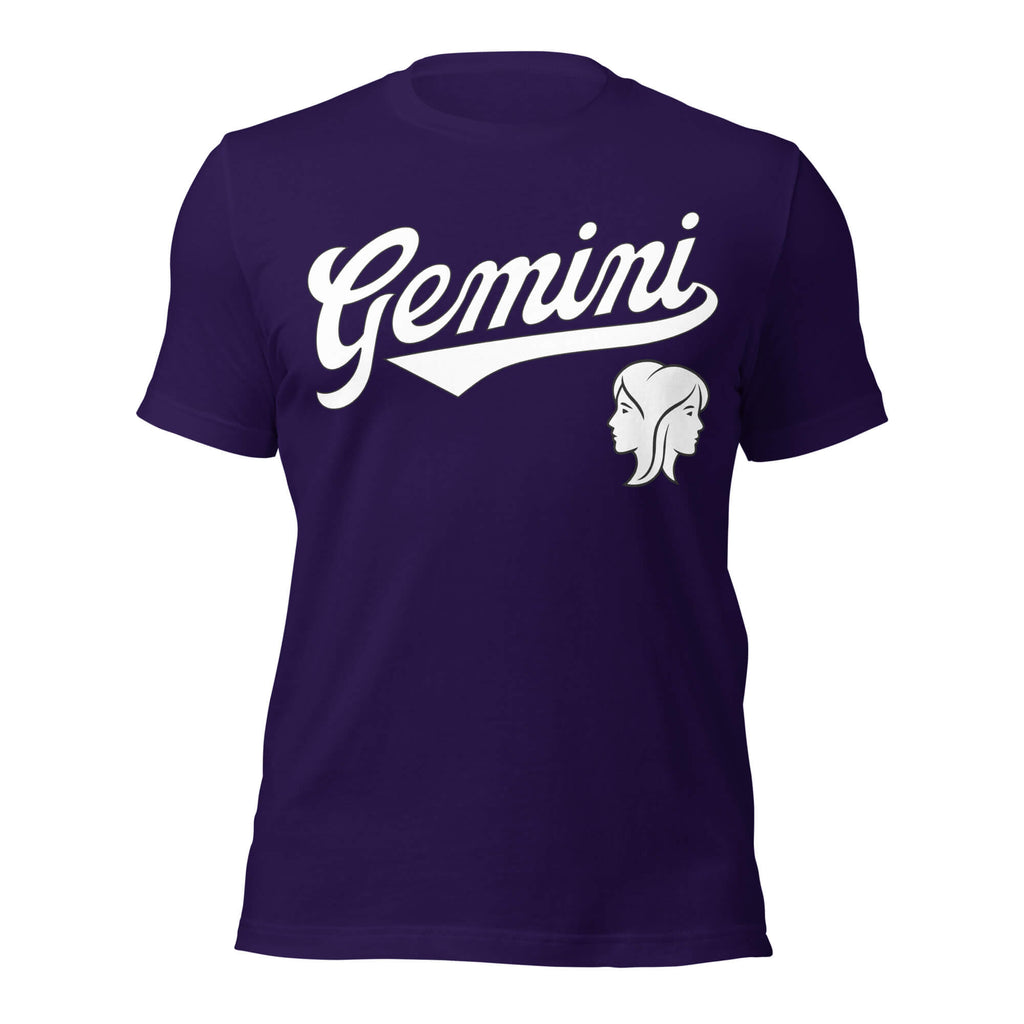 Gemini zodiac sports graphic t-shirt, purple with white ink, unisex athletic astrology apparel, front flat lay