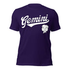 Gemini zodiac sports graphic t-shirt, purple with white ink, unisex athletic astrology apparel, front flat lay