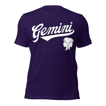 Gemini zodiac sports graphic t-shirt, purple with white ink, unisex athletic astrology apparel, front flat lay