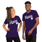 A man and a woman modeling matching purple short-sleeve t-shirts with a white 'Gemini' script and zodiac symbol on the chest, set against a plain white background.