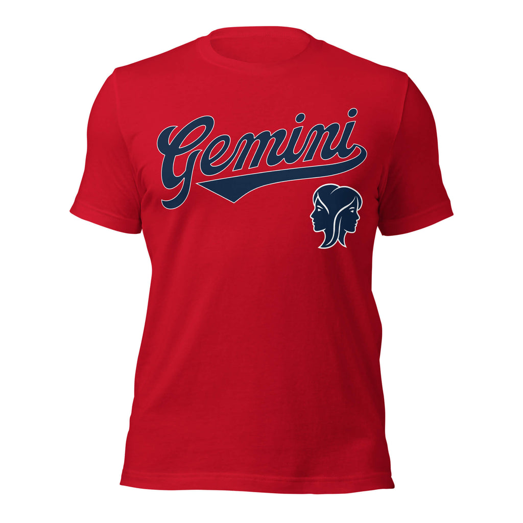 Gemini zodiac sports graphic t-shirt, red with blue ink, unisex athletic astrology apparel, front flat lay