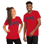 Two people wearing red t-shirts with Gemini text and zodiac symbol on a white background