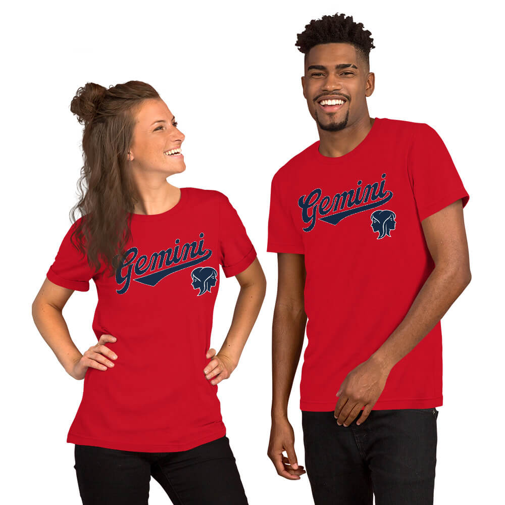 Two people wearing red t-shirts with Gemini text and zodiac symbol on a white background