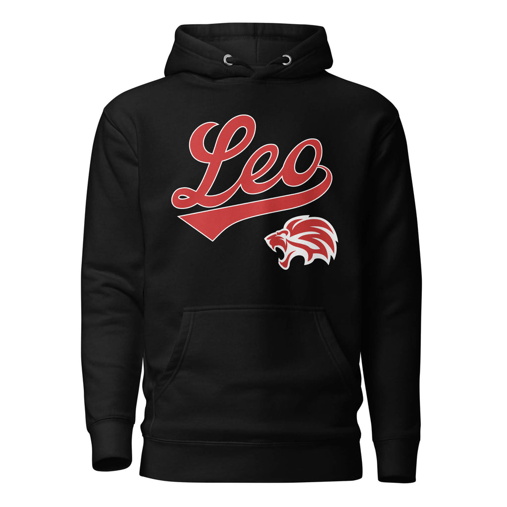 Leo zodiac sports graphic hoodie, black with red ink, unisex athletic astrology apparel, front flat lay
