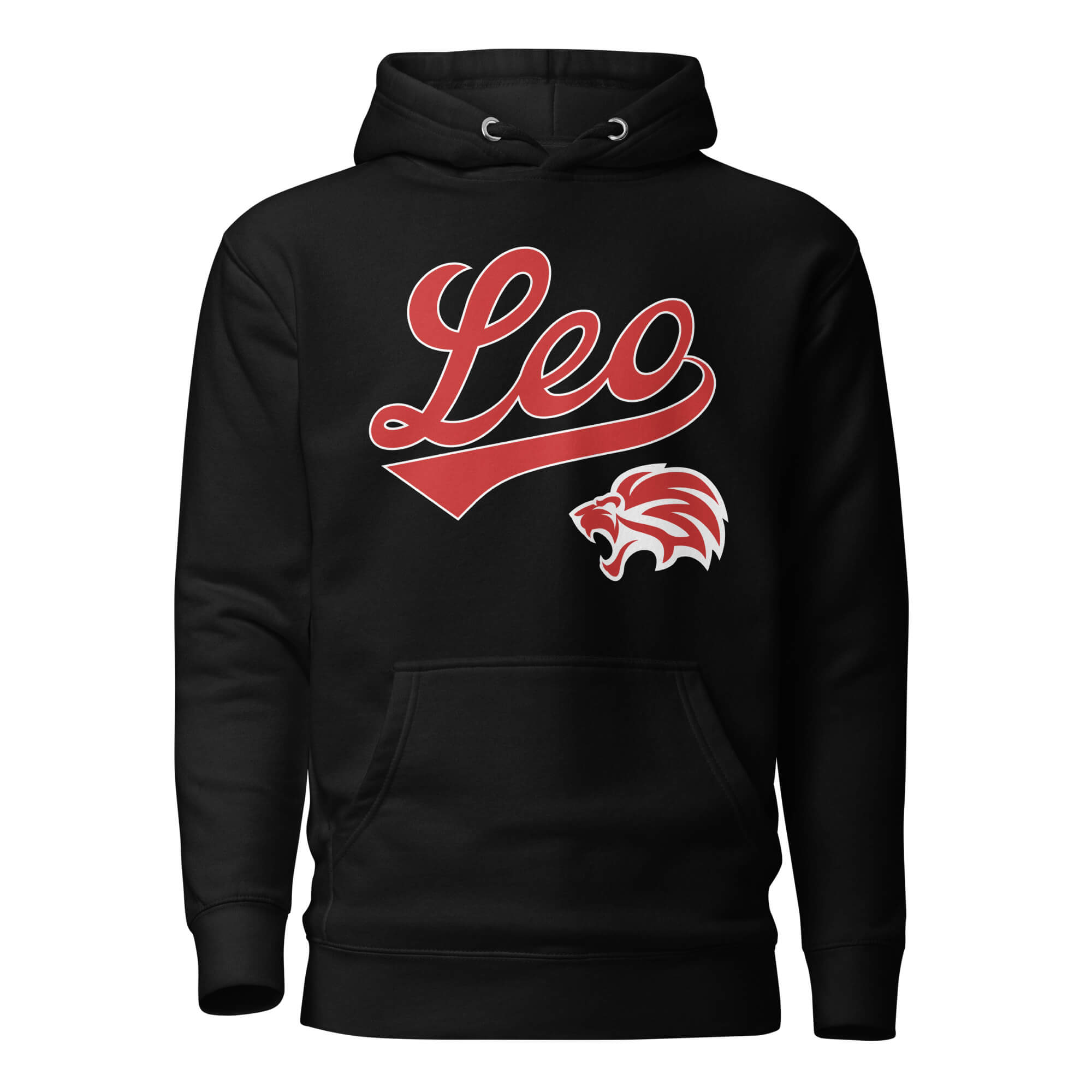 Leo zodiac sports graphic hoodie, black with red ink, unisex athletic astrology apparel, front flat lay