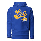 Leo zodiac sports graphic hoodie, blue with gold ink, unisex athletic astrology apparel, front flat lay