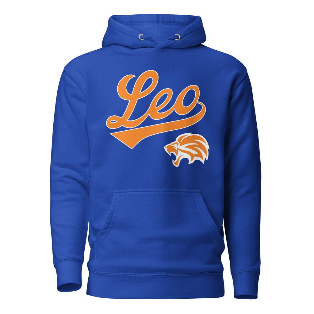 Leo zodiac sports graphic hoodie, blue with orange ink, unisex athletic astrology apparel, front flat lay