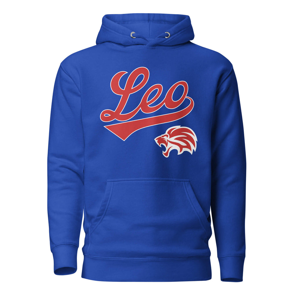 Leo zodiac sports graphic hoodie, blue with red ink, unisex athletic astrology apparel, front flat lay