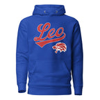 Leo zodiac sports graphic hoodie, blue with red ink, unisex athletic astrology apparel, front flat lay
