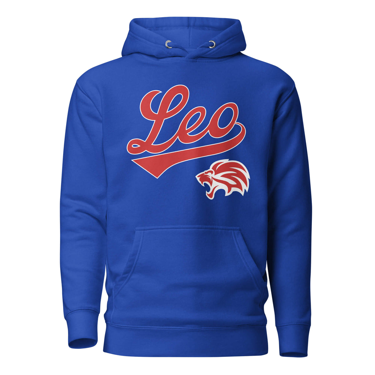 Leo zodiac sports graphic hoodie, blue with red ink, unisex athletic astrology apparel, front flat lay