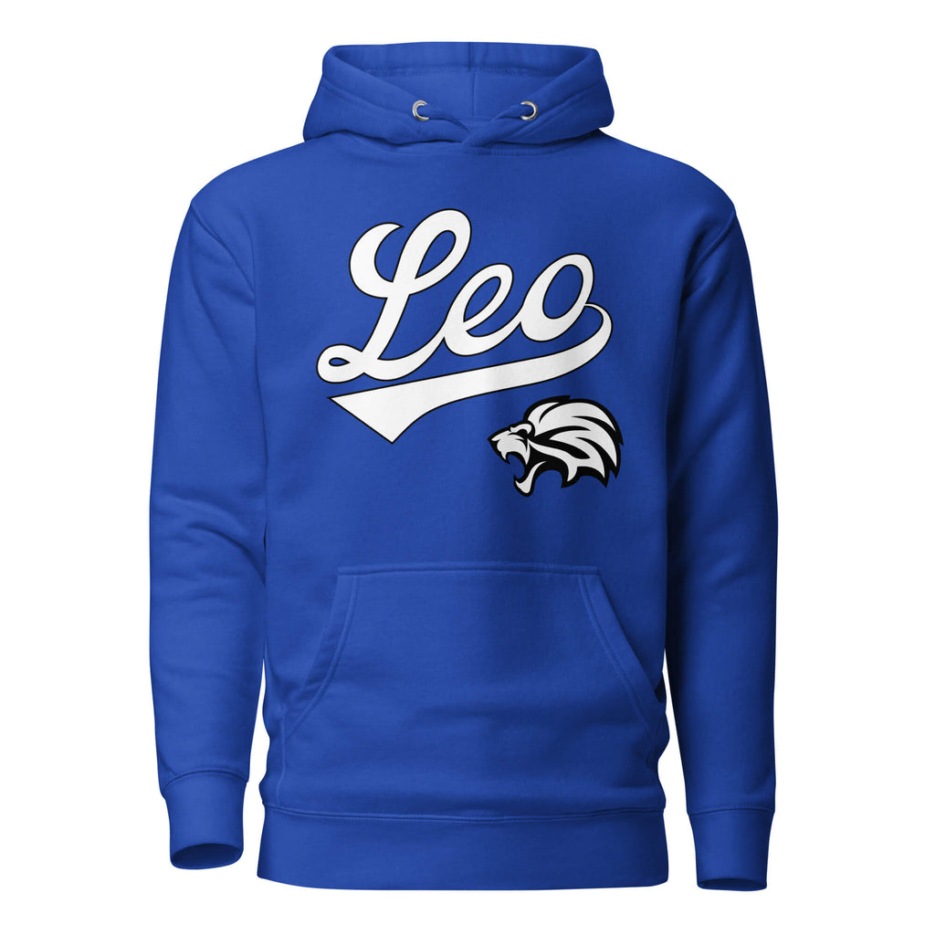 Leo zodiac sports graphic hoodie, blue with white ink, unisex athletic astrology apparel, front flat lay