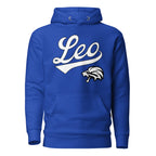 Leo zodiac sports graphic hoodie, blue with white ink, unisex athletic astrology apparel, front flat lay
