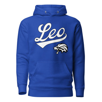 Leo zodiac sports graphic hoodie, blue with white ink, unisex athletic astrology apparel, front flat lay