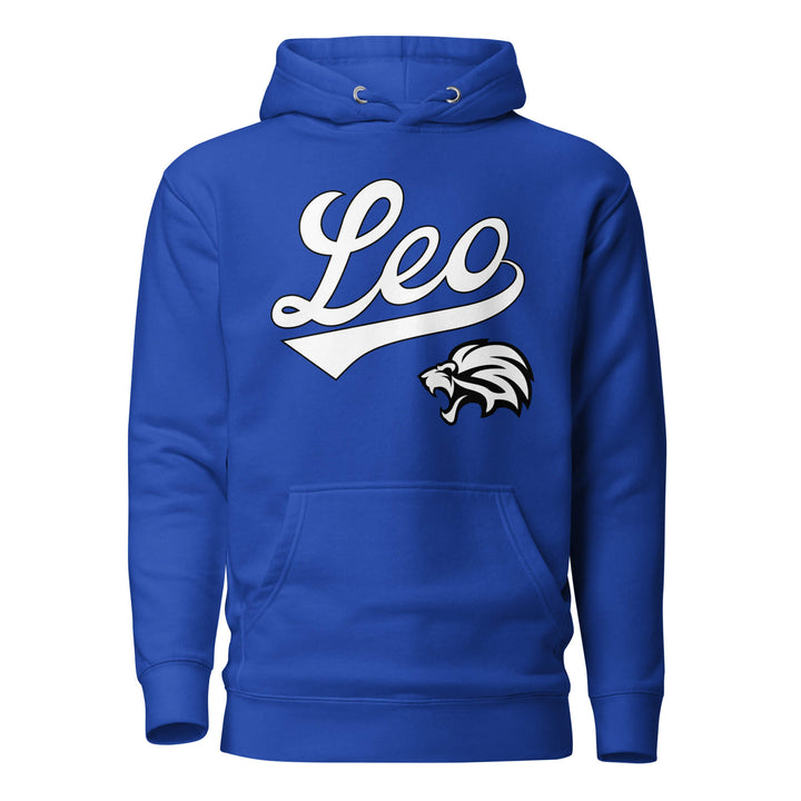 Leo zodiac sports graphic hoodie, blue with white ink, unisex athletic astrology apparel, front flat lay