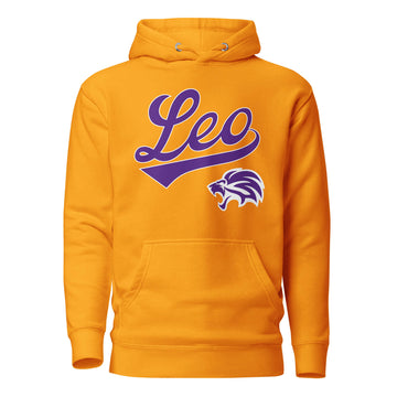 Leo zodiac sports graphic hoodie, gold with purple ink, unisex athletic astrology apparel, front flat lay