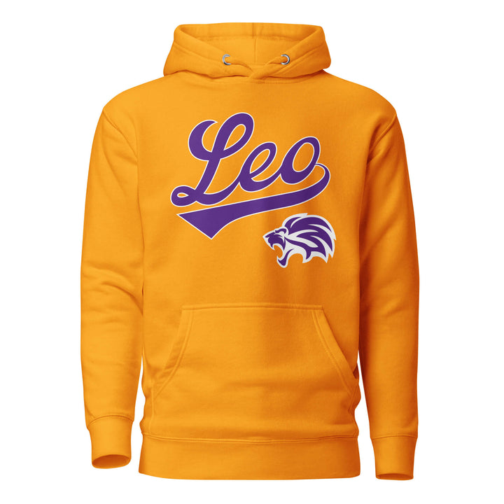Leo zodiac sports graphic hoodie, gold with purple ink, unisex athletic astrology apparel, front flat lay