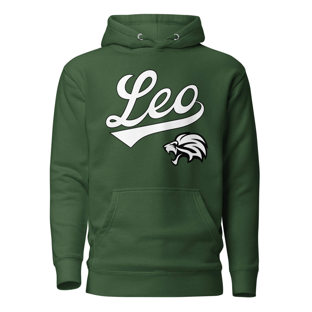 Leo zodiac sports graphic hoodie, green with white ink, unisex athletic astrology apparel, front flat lay