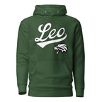 Leo zodiac sports graphic hoodie, green with white ink, unisex athletic astrology apparel, front flat lay