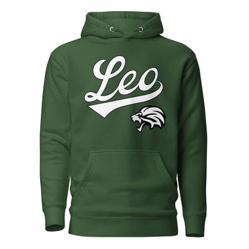 Leo zodiac sports graphic hoodie, green with white ink, unisex athletic astrology apparel, front flat lay