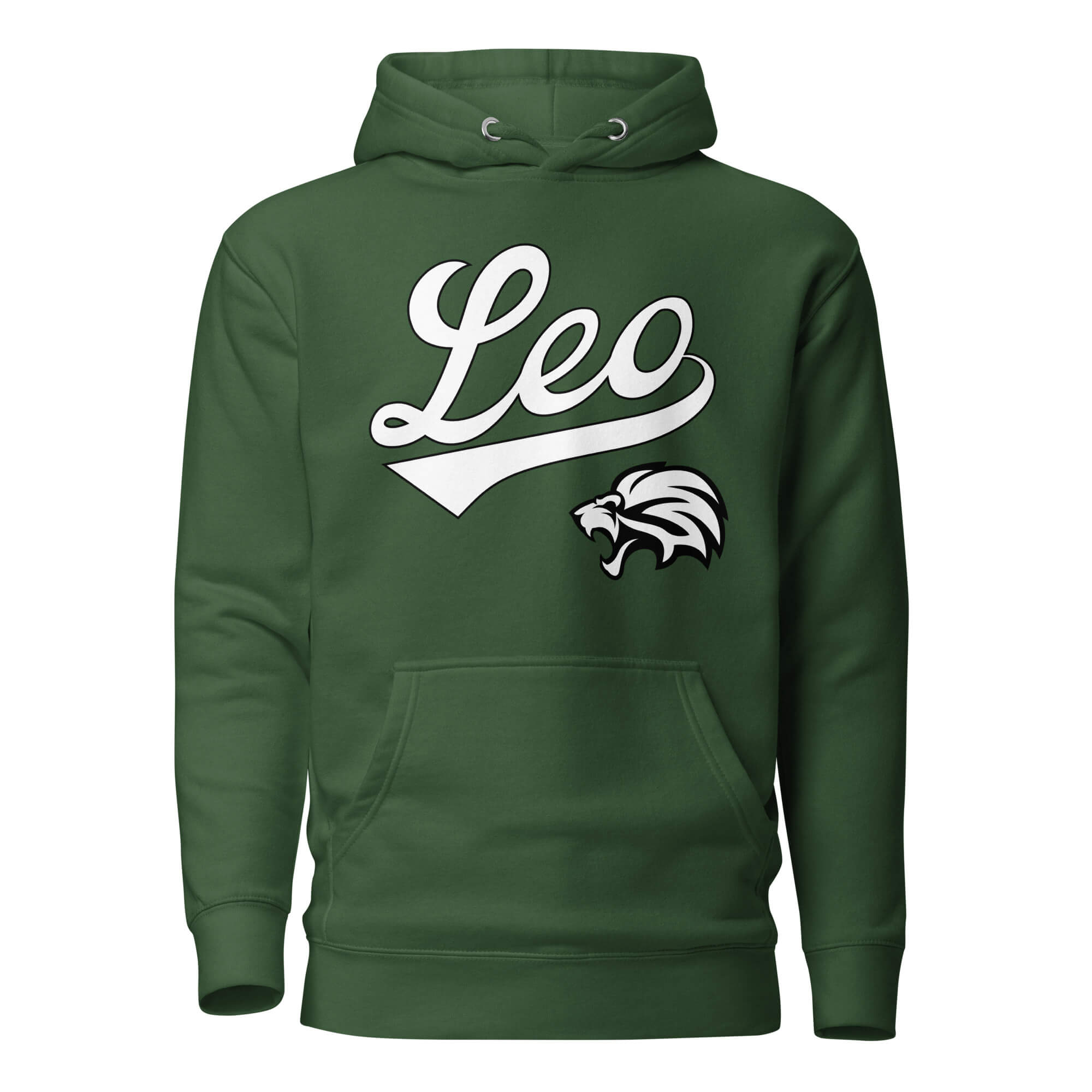 Leo zodiac sports graphic hoodie, green with white ink, unisex athletic astrology apparel, front flat lay
