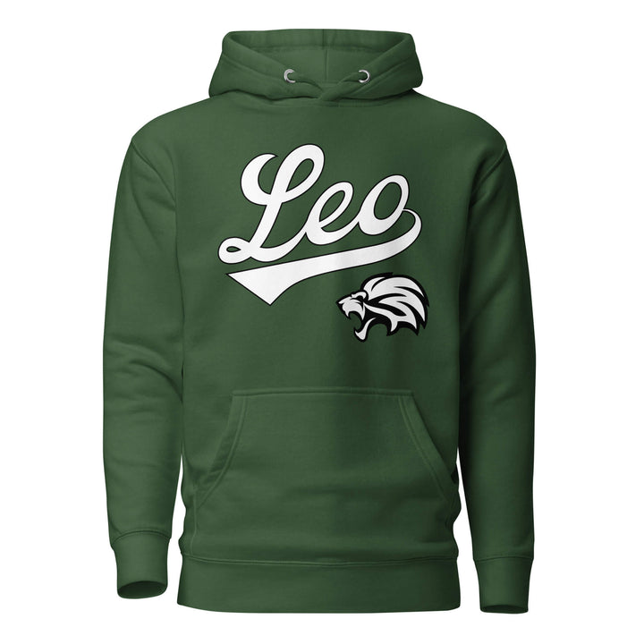 Leo zodiac sports graphic hoodie, green with white ink, unisex athletic astrology apparel, front flat lay