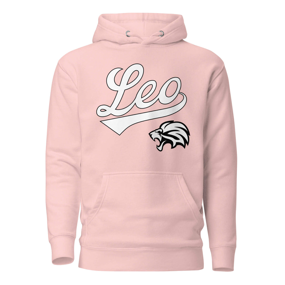 Leo zodiac sports graphic hoodie, pink with white ink, unisex athletic astrology apparel, front flat lay