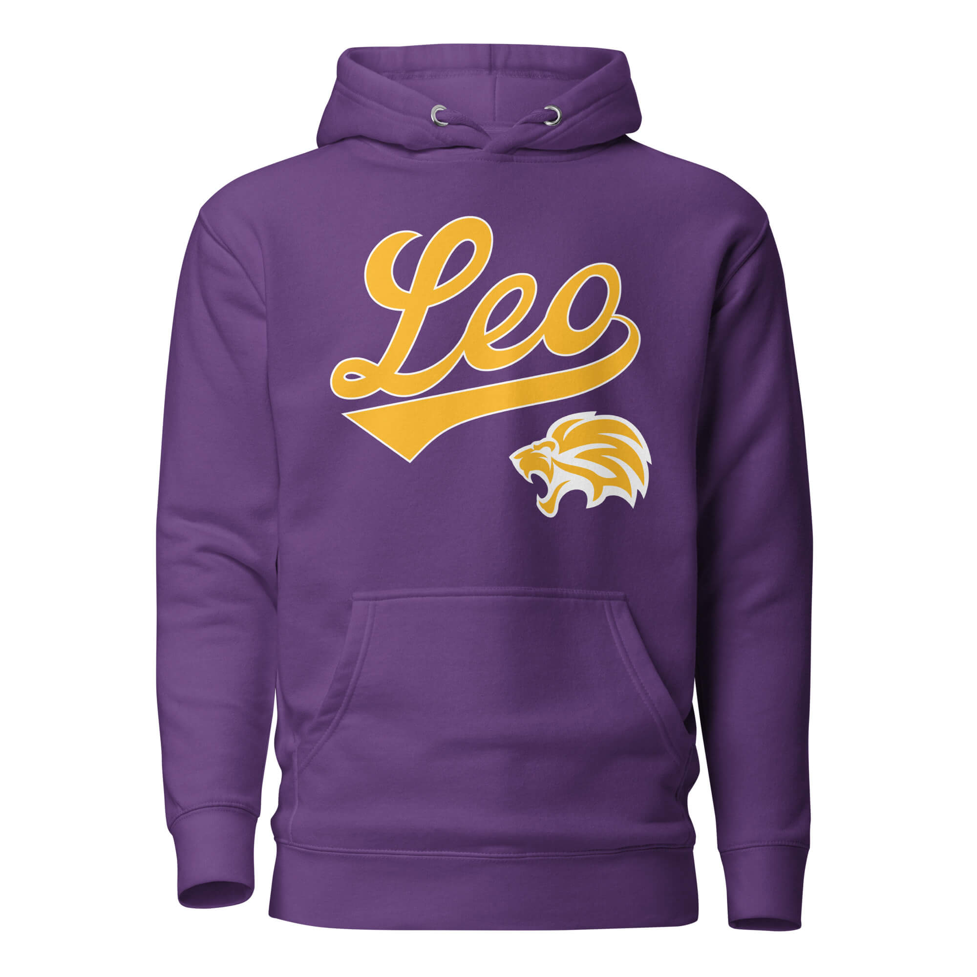 Leo zodiac sports graphic hoodie, purple with gold ink, unisex athletic astrology apparel, front flat lay