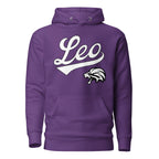 Leo zodiac sports graphic hoodie, purple with white ink, unisex athletic astrology apparel, front flat lay