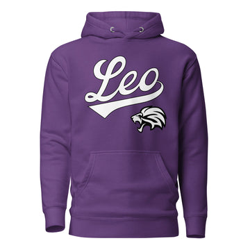 Leo zodiac sports graphic hoodie, purple with white ink, unisex athletic astrology apparel, front flat lay