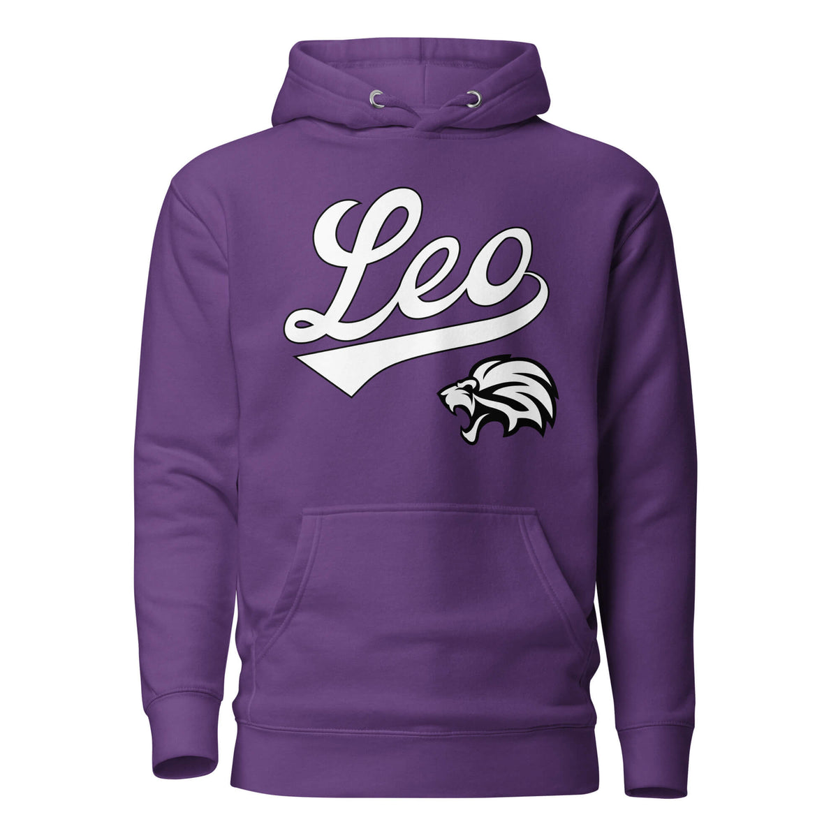Leo zodiac sports graphic hoodie, purple with white ink, unisex athletic astrology apparel, front flat lay
