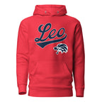 Leo zodiac sports graphic hoodie, red with blue ink, unisex athletic astrology apparel, front flat lay