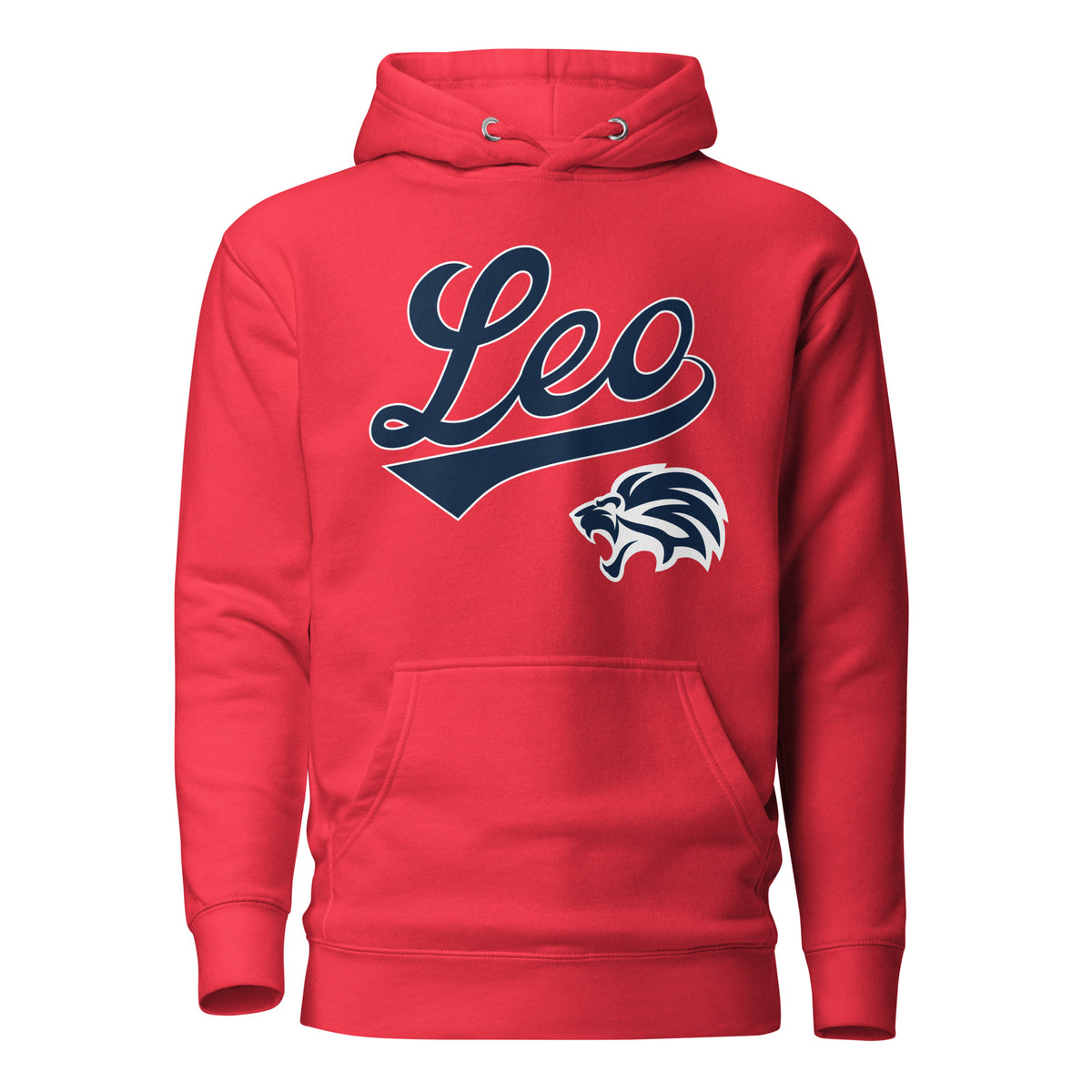 Leo zodiac sports graphic hoodie, red with blue ink, unisex athletic astrology apparel, front flat lay