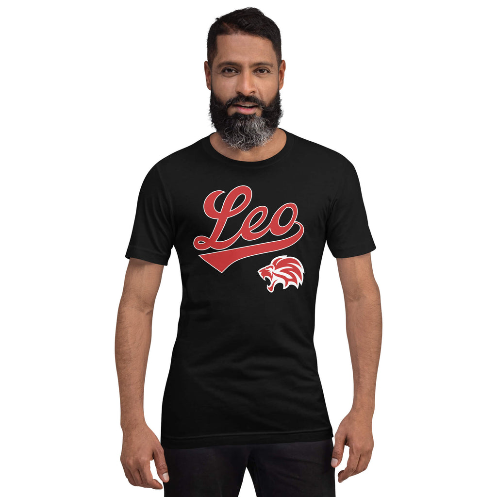 A man with a beard wearing a black crewneck t-shirt with a red and white graphic that reads 'Leo' and features a lion head illustration, set against a plain white background.
