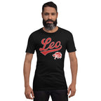 A man with a beard wearing a black crewneck t-shirt with a red and white graphic that reads 'Leo' and features a lion head illustration, set against a plain white background.