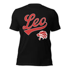 Leo zodiac sports graphic t-shirt, black with red ink, unisex athletic astrology apparel, front flat lay