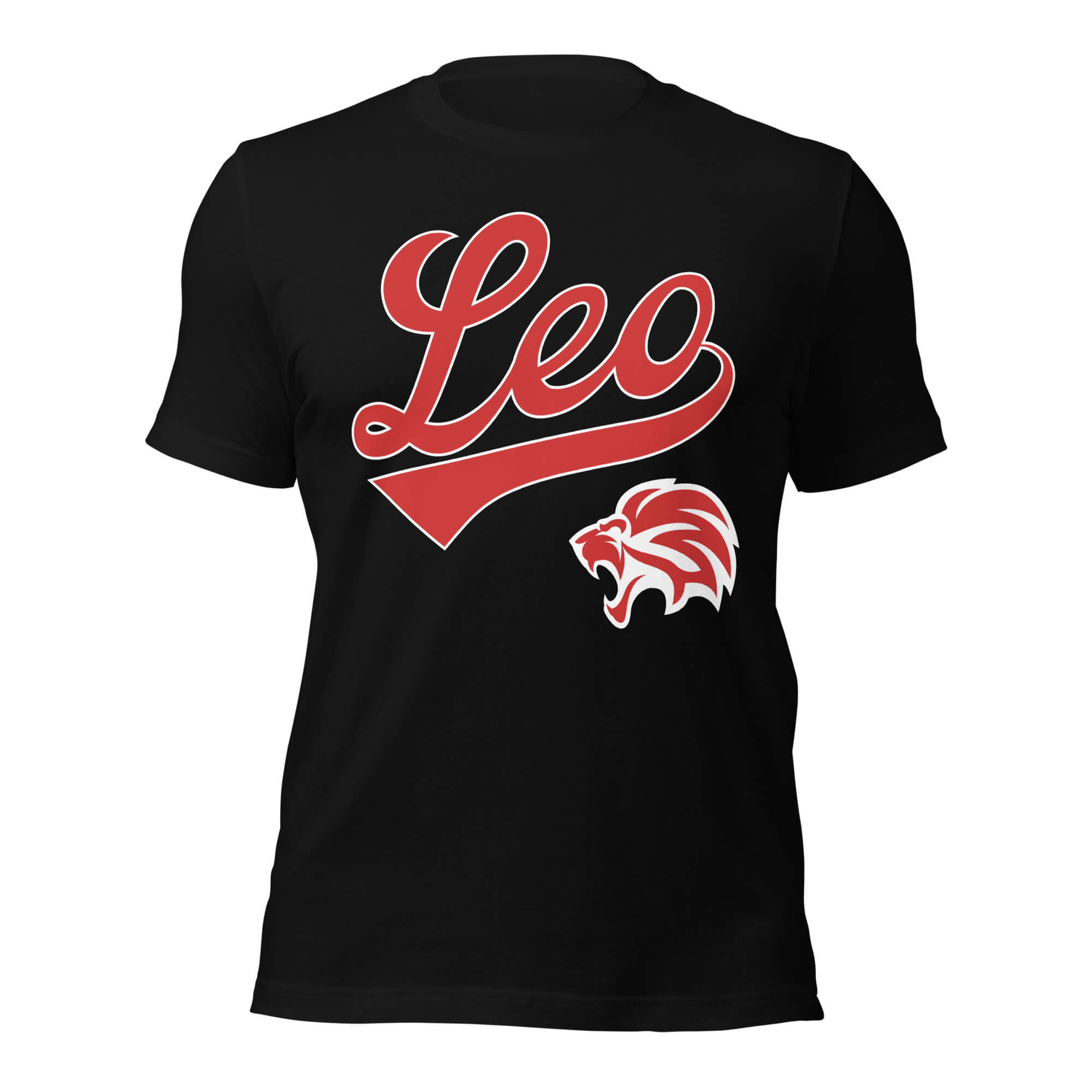 Leo zodiac sports graphic t-shirt, black with red ink, unisex athletic astrology apparel, front flat lay