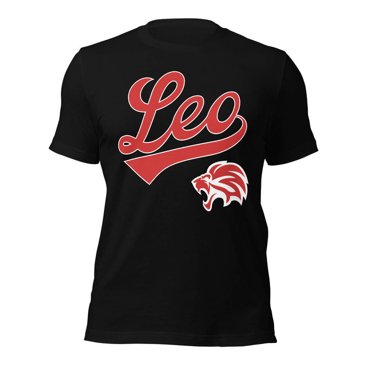 Black t-shirt with red 'Leo' text and bear graphic on a white background. Black Shirt / Red Ink variant.