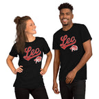 A man and a woman both wearing Leo zodiac sports t-shirts. 