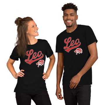 A man and a woman both wearing Leo zodiac sports t-shirts. 