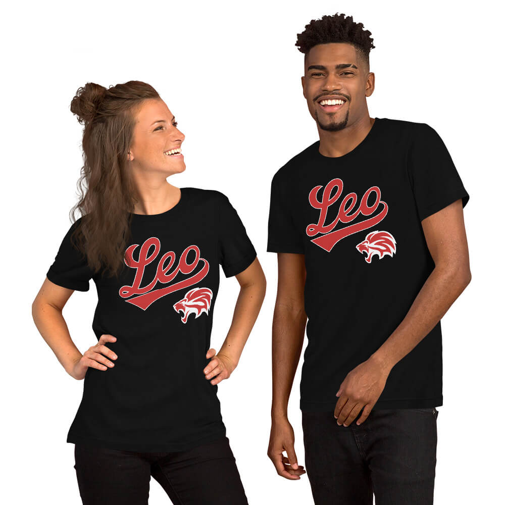 A man and a woman both wearing Leo zodiac sports t-shirts. 