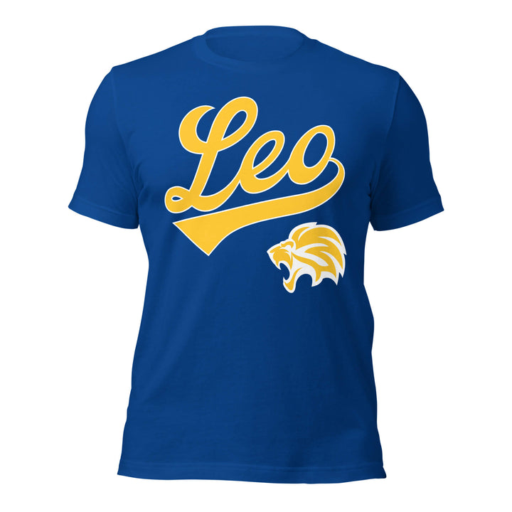 Blue t-shirt with yellow 'Leo' text and lion graphic on a white background. Blue Shirt / Gold Ink variant.