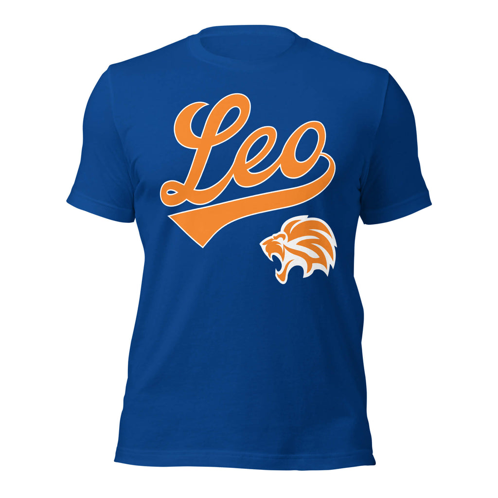 Leo zodiac sports graphic t-shirt, blue with orange ink, unisex athletic astrology apparel, front flat lay