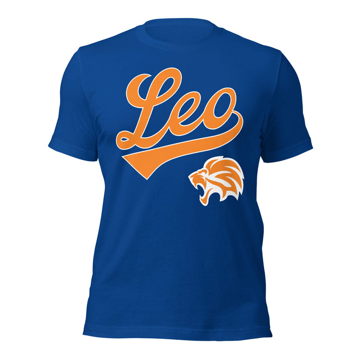 Blue t-shirt with 'Leo' in orange and a lion graphic on a white background.  Blue Shirt / Orange Ink variant.