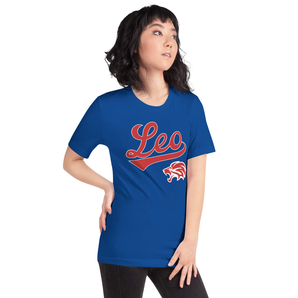 Woman wearing a blue “Leo” graphic t-shirt with a lion emblem.