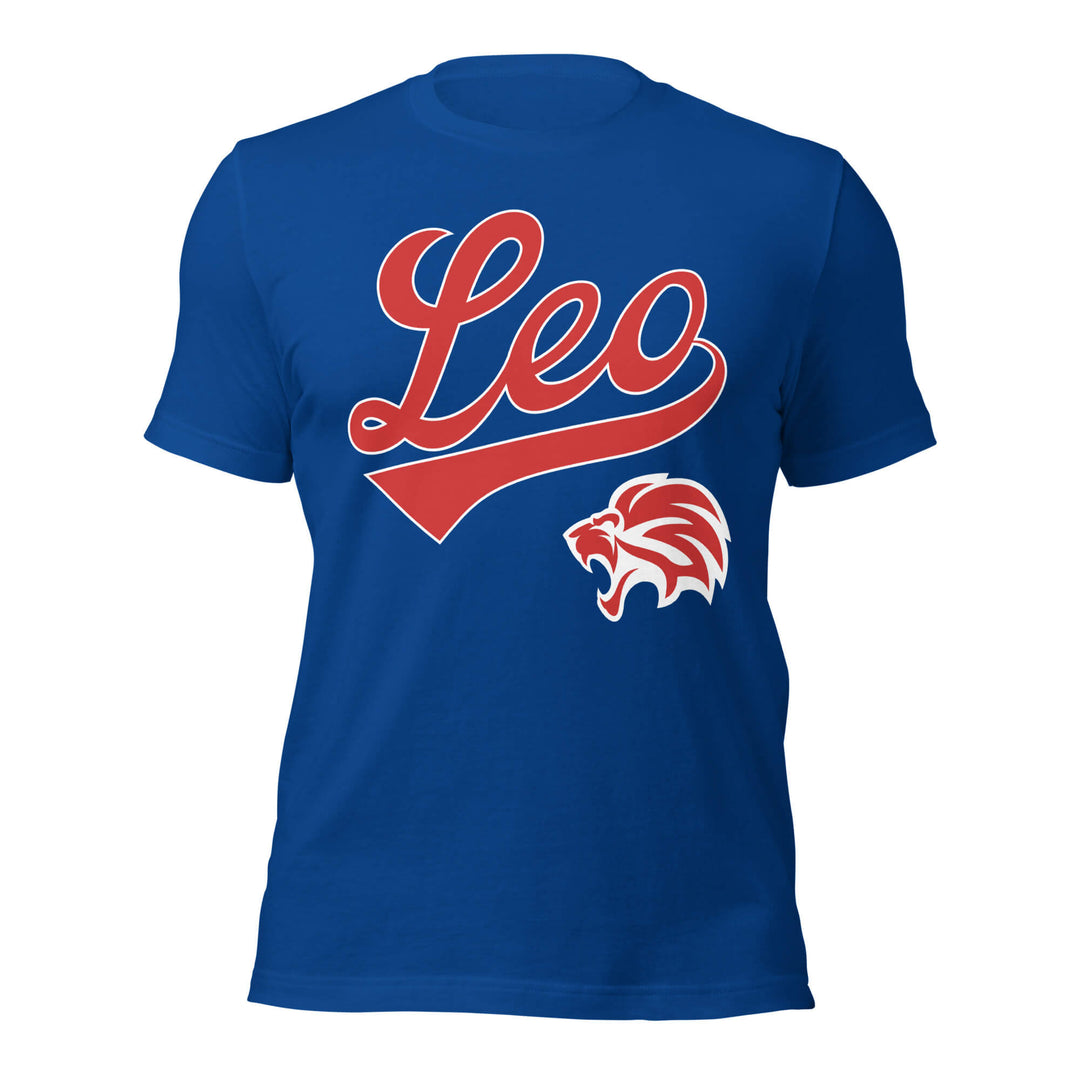 Blue t-shirt with red and white 'Leo' design on a white background. Blue Shirt / Red Ink variant.